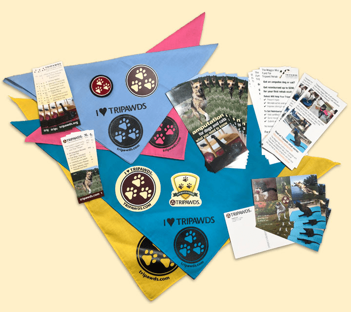 Tripawd Ambassador kit with brochures, stickers, and bandannas