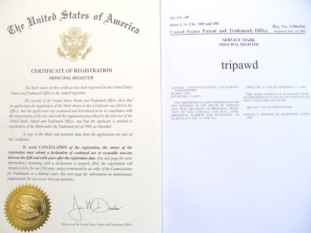 Tripawds Registered Trademark Certificate